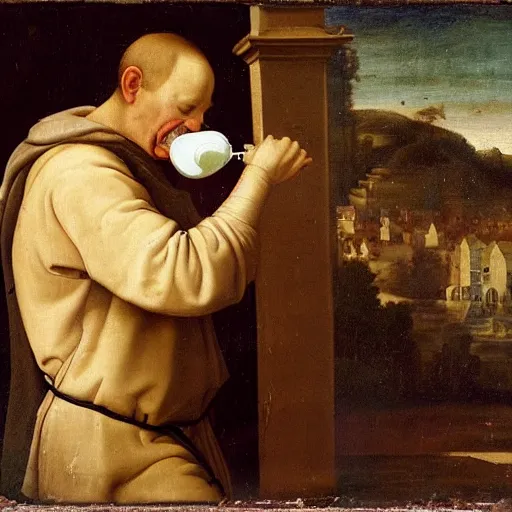 Prompt: A renaissance oil painting of a man drinking milk.