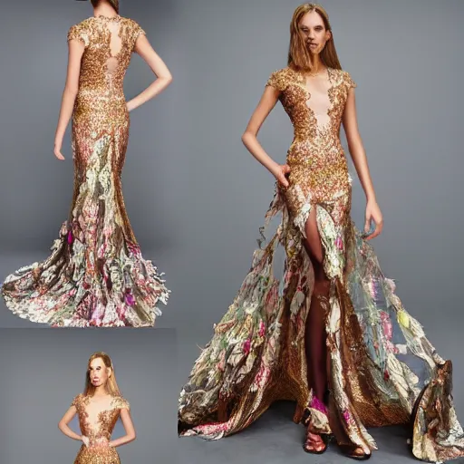 Image similar to exclusive evening dress made of bronze transparent fabric fantasy with colored flower petals made of fabric. intricate asymmetrical patterns. an elegant hat. hyperrealistic photos, clear details.