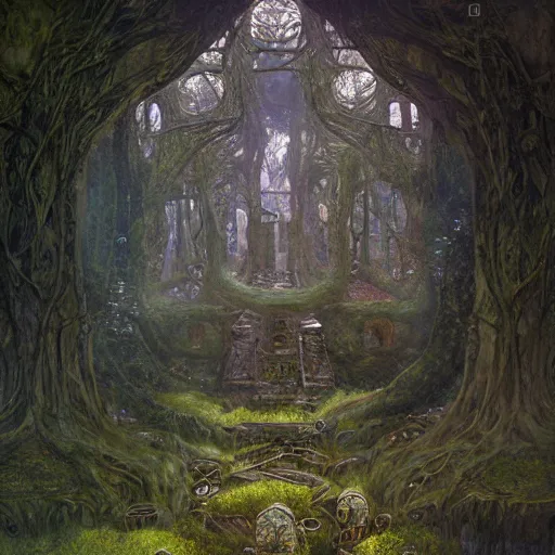 Prompt: ancient overgrown! ruins, medieval gates, runestones, mysetrious etherial mesmerizing runic!!, eyes, magical elven geometry, concept art by gustav klimt!, deviantart contest winner, environmental art, high detail, resembling the ace of swords tarot card by greg rutkowski