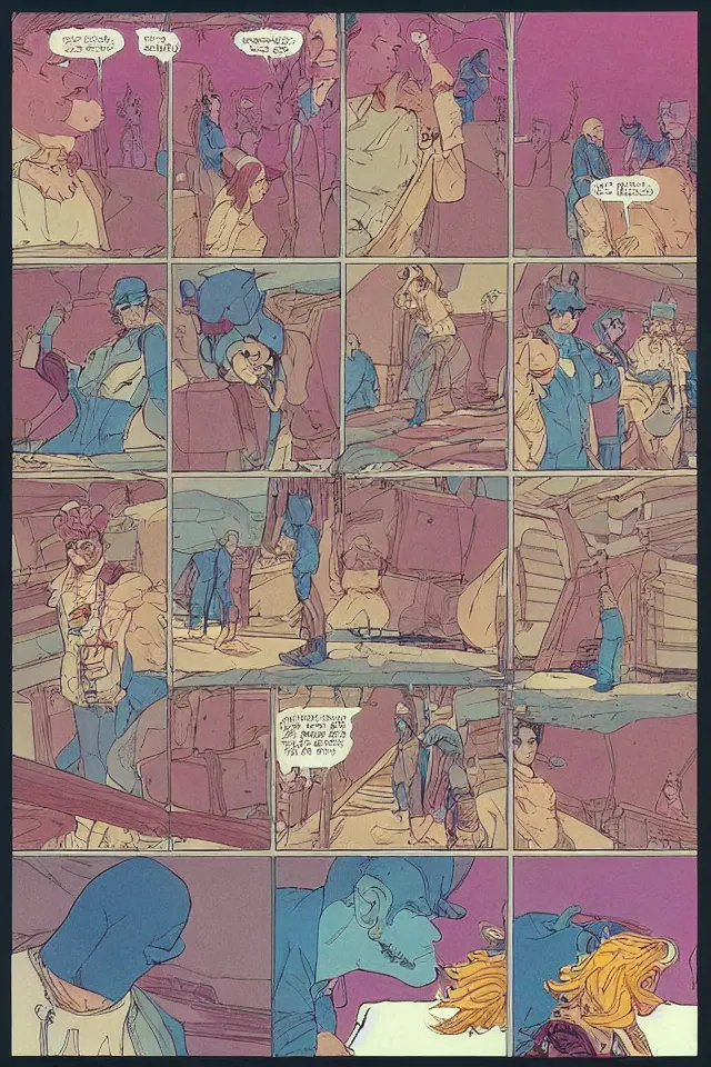 Image similar to colorfull comicpage with panels and speech balloons by Moebius showing the meaning of life