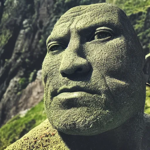 Image similar to a grey mossy rock with the face of dwayne johnson, shot on iphone 1