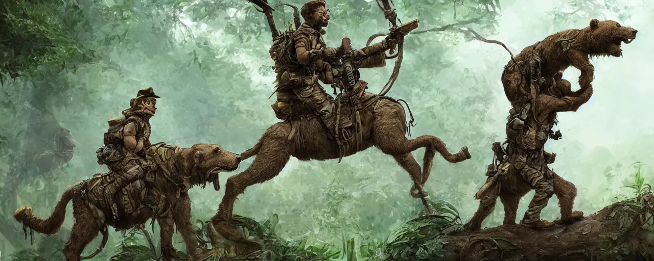 Image similar to an intricate concept illustration of a boy riding on a military bear in the jungle, artstation, fantasy, hyper realistic, concept art, art by dylan cole, cinematic lighting, fantasy color palette