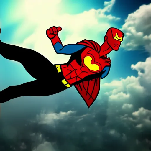 Prompt: developer superhero with laptop flying to save the day, dramatic cinematic