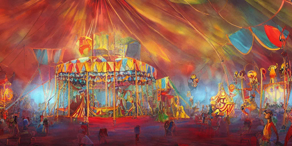 Prompt: a concept painting of a haunted circus tent, artstaion