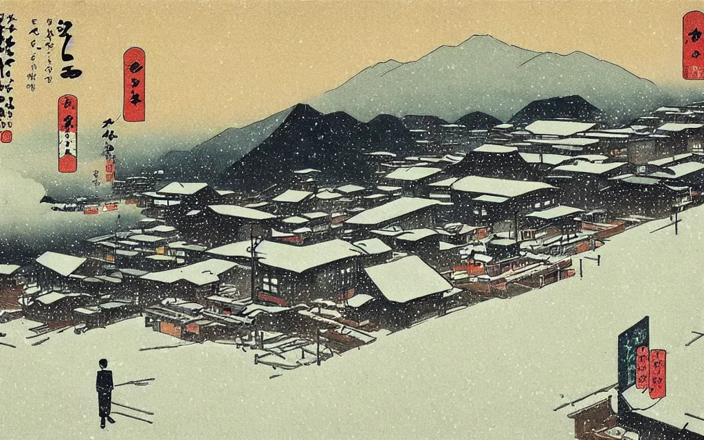 Prompt: 🌃 🌨 ❄🎑. shin - hanga.