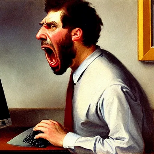 Image similar to an angry man yells at his computer monitor, oil on canvas, 1 9 0 1