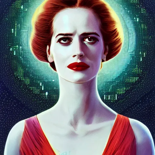 Image similar to Eva Green as a stunning , beautiful retro SCI-FI space heroine 1985 , movie poster, intricate, elegant, highly detailed, centered, digital painting, trending on artstation, concept art, smooth, sharp focus, illustration, art by raphael lacoste ,eddie mendoza ,alex ross, WLOP