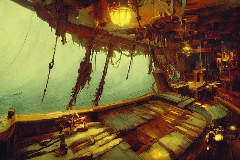 Image similar to pirate ship cabin interior, intricate, elegant, highly detailed, vivid colors, john harris, frazetta, tyrus wong, ruan jia, jeffrey catherine jones