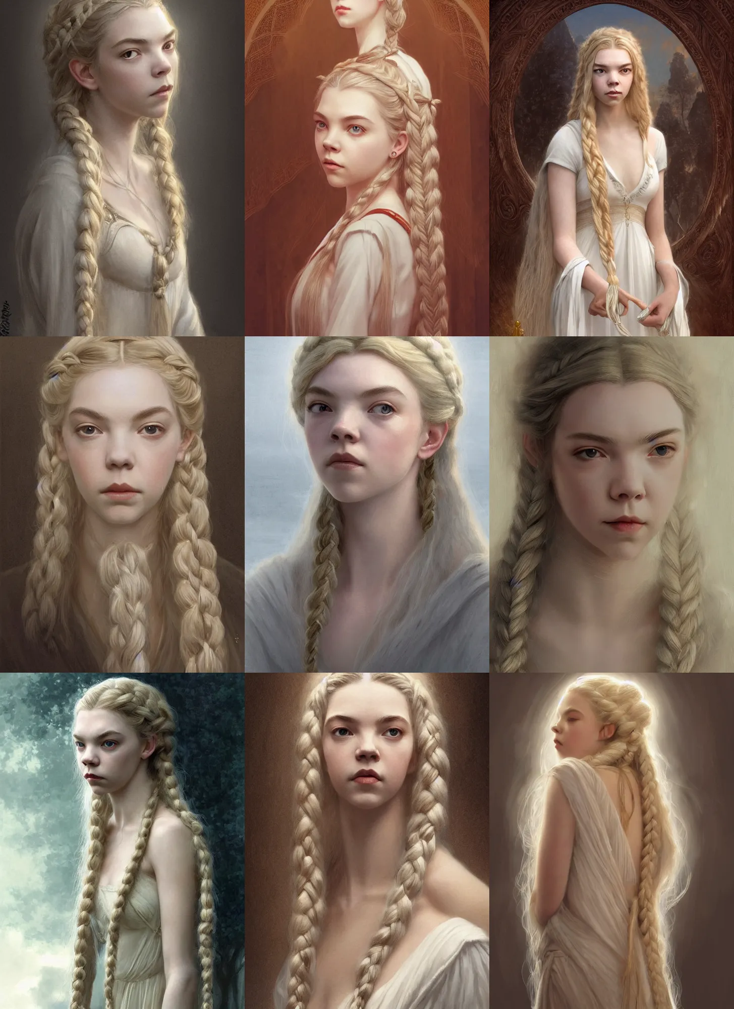 portrait anya taylor-joy, long blond braided hair with, Stable Diffusion