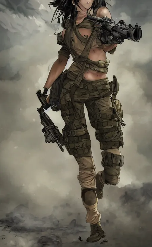 Prompt: soldier girl running in smoke and dirt, trading card front, anime style, soldier clothing, realistic military gear, hair down, symmetrical facial features, symmetrical body features, hyper realistic, pale skin, 4k, rule of thirds, extreme detail, detailed drawing, trending artstation, hd, fantasy, D&D, realistic lighting, by Alphonse Mucha, Greg Rutkowski, sharp focus, backlit