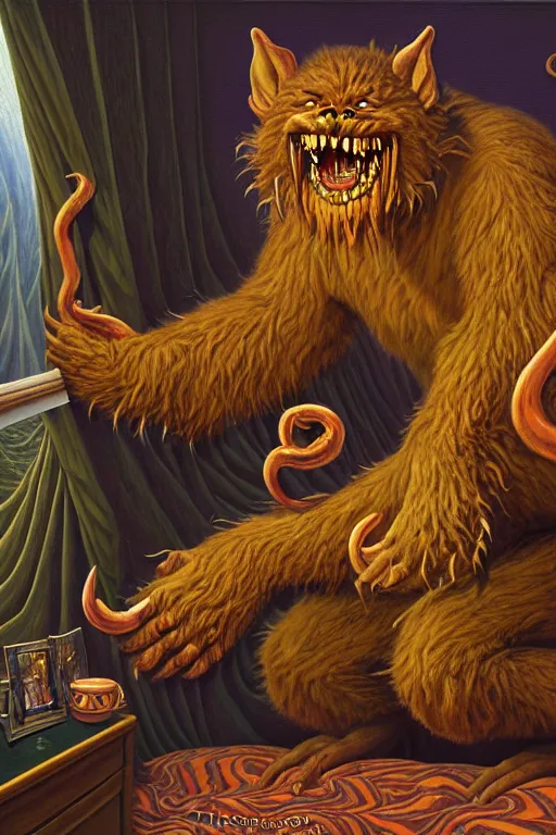 Prompt: classic oil painting, an eldritch furry troll with huge claws that is hiding under the bed, inside a cluttered bedroom, cottagecore, highly detailed, digital illustration, concept art, smooth, sharp focus, art by tim hildebrandt, and alex grey