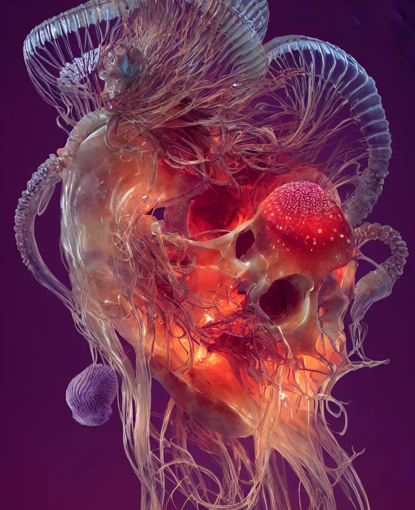 Image similar to goddess close-up portrait animal skull. jellyfish phoenix head, nautilus, orchid, skull, betta fish, bioluminiscent creatures, intricate artwork by Tooth Wu and wlop and beeple. octane render, trending on artstation, greg rutkowski very coherent symmetrical artwork. cinematic, hyper realism, high detail, octane render, 8k