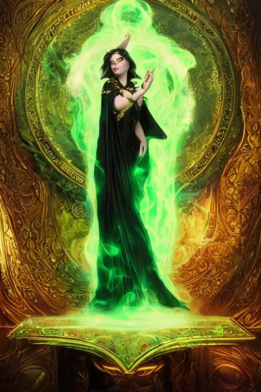 Prompt: a portrait of a beautiful attractive young girl sorceress wearing a black robe with gold embroidery, casting a spell, green glows, painted by artgerm and tom bagshaw, in the style of magic the gathering, highly detailed digital art