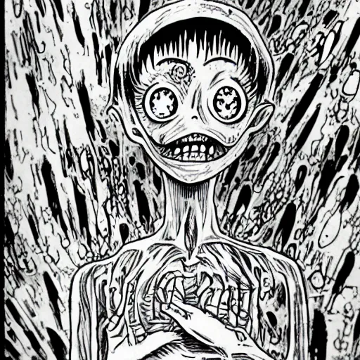 Image similar to manga panel, junji ito, body horror, horror, terrifying, nightmare fuel, scary,