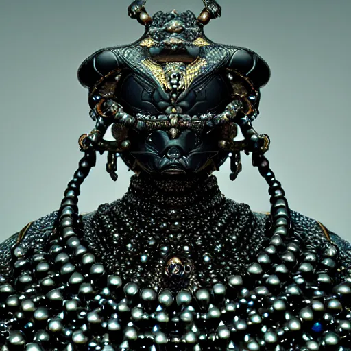 Image similar to cyber black samurai made of pearl beads : by michal karcz, daniel merriam, victo ngai and guillermo del toro : ornate, dynamic, particulate, intricate, elegant, highly detailed, centered, artstation, smooth, sharp focus, octane render