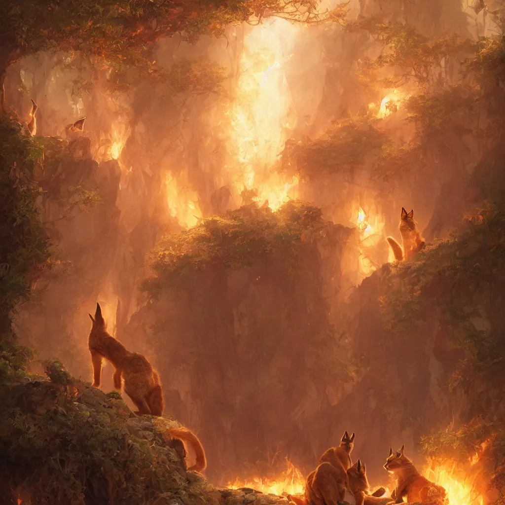 Image similar to many cute fluffy caracals, fire, magic, fantasy epic legends stylized digital illustration radiating a glowing aura global illumination ray tracing hdr fanart arstation, 8 k, art by greg rutkowski