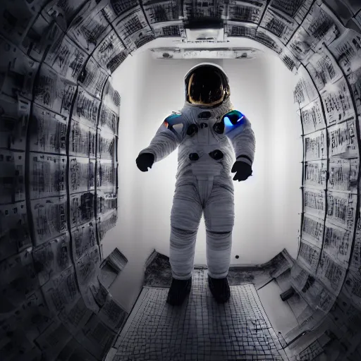 Image similar to dark photograph of an astronaut, lit from bottom, full body photo,, 8 k