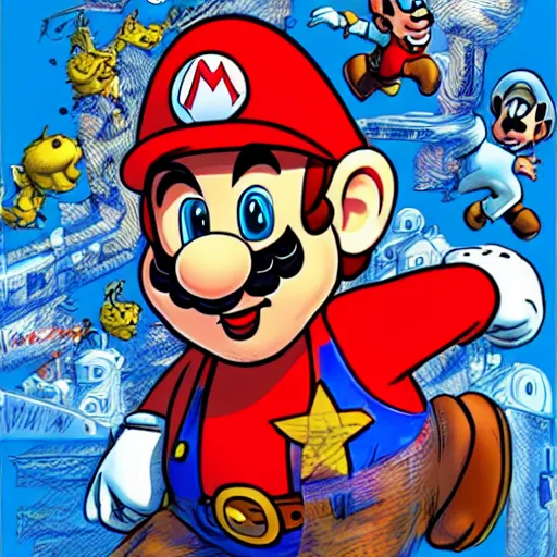 Prompt: hyper detailed illustration of Super Mario, by Kev Walker, simon bisley and paolo parente