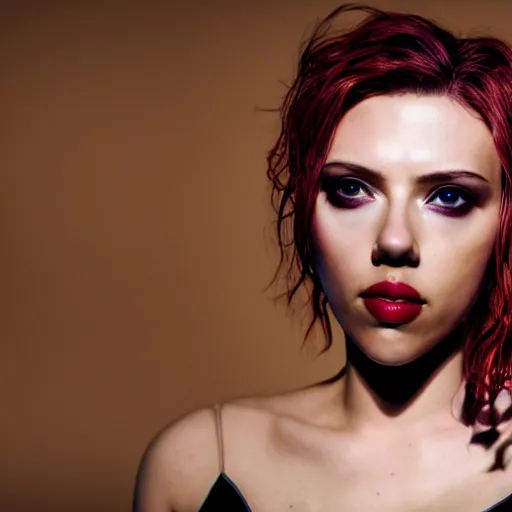 Prompt: scarlett johansson as a cyberpunk cyborg goth woman, pale skin, sensual, beautiful soft light failling on her face, studio photography, nikon 3 5 mm portrait photography, ultra realistic