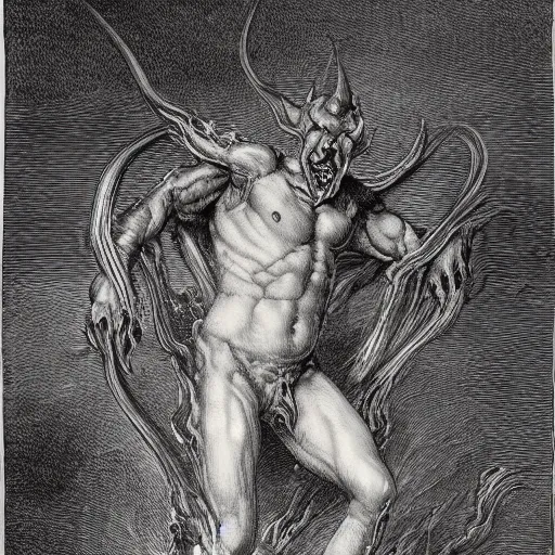 Image similar to full body grayscale drawing by Gustave Dore of horned muscled humanoid demon, engulfed in swirling flames