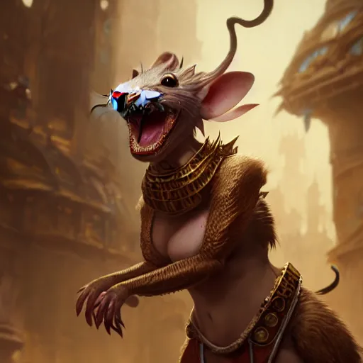 Image similar to a female rat creature with seductive smile, wears a diadem and chees armor, by greg rutkowski, design for magic the gathering, highly detailed, octane render, 4 k