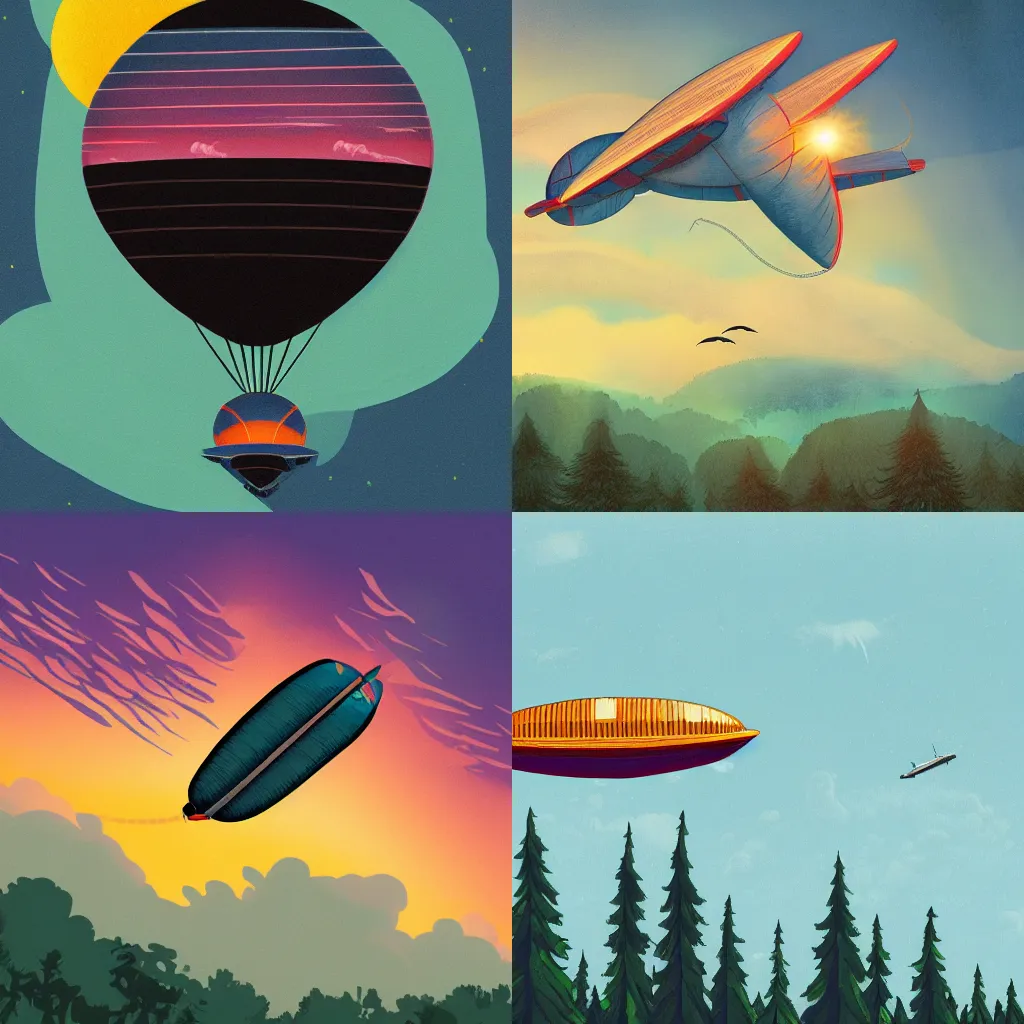 Prompt: an airship skimming the tree tops at dawn, illustration, bright colors, dark linework