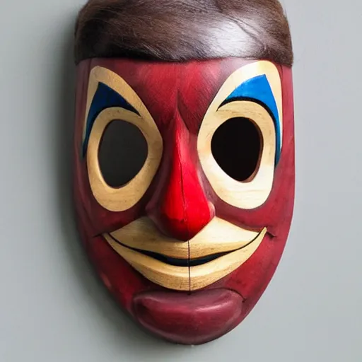 Prompt: wooden clown mask with long fang like incisors