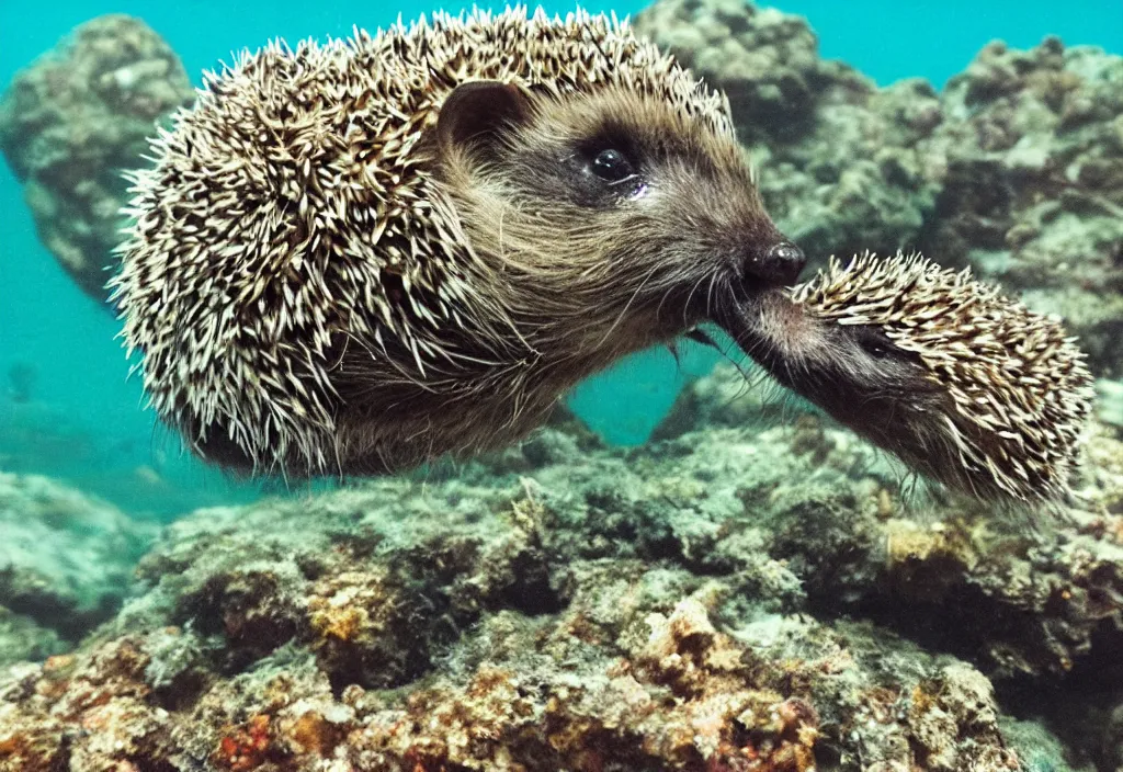 Image similar to a hedgehog swimming in a coral reef