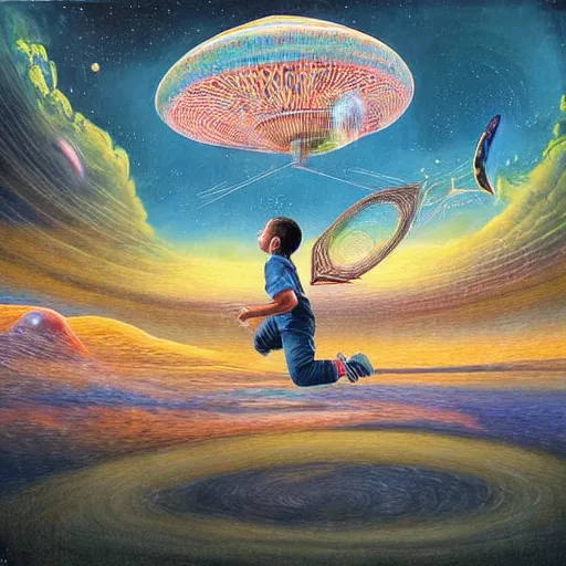 Image similar to a hyper detailed high painting with many complex textures of a boy playing and jumping, just being happy and free in the cosmos, cosmic surreal psychedelic magic realism spiritual ufo art, conceptual fine art