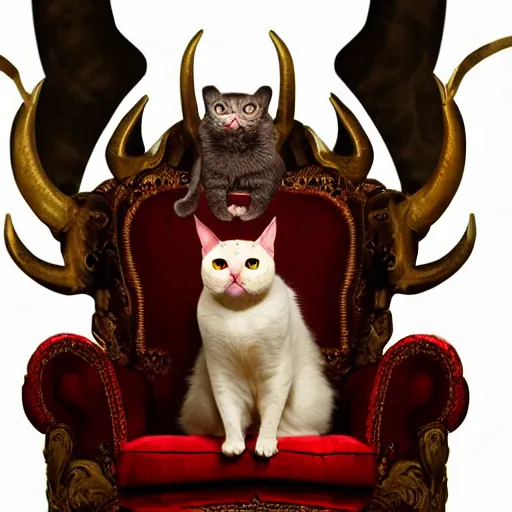 Image similar to evil cat with horns on its head sitting on a burning throne, the lord of hell, vast expanse of hell background, cat satan, highly detailed photo