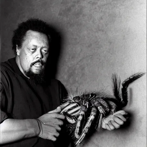 Prompt: charles mingus cradling a big hairy spider, professional photograph