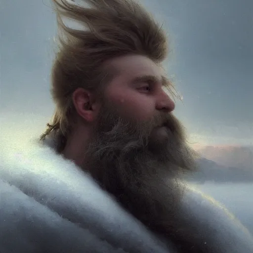 Image similar to epic portrait an male viking eating loaf of bread, winter, blizzardy weather, mountains backround, long blonde beard, snowy hair, broad light, ambient occlusion, volumetric light effect, made by ivan aivazovsky, peter mohrbacher, greg rutkowski, matte painting, trending on artstation, 4 k, perfectly defined features, digital painting,