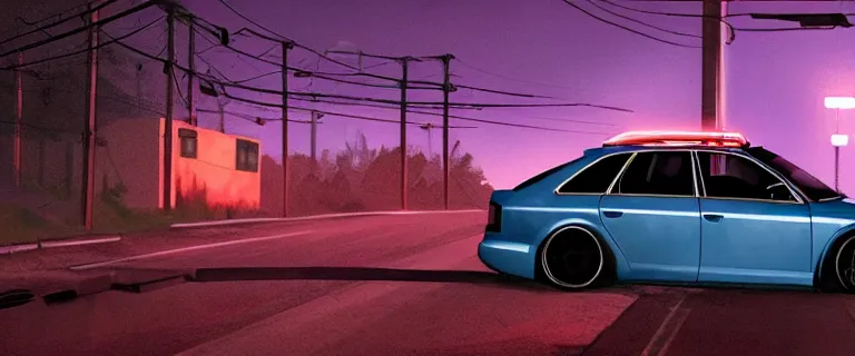 Image similar to Audi A4 B6 Avant (2002), a gritty neo-noir, dramatic bright lighting, cinematic, establishing shot, extremely high detail, photorealistic, cinematic lighting, artstation, by simon stalenhag, Need For Speec: Carbon Palmont City canyon road, touge, At night