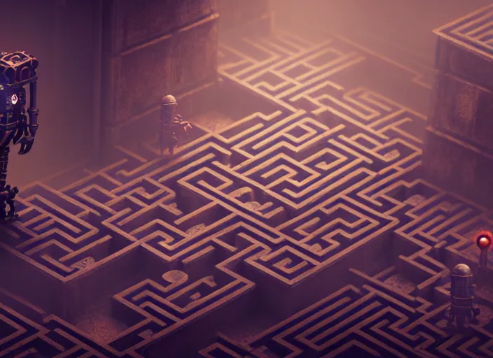 Image similar to steampunk robot in a maze by greg rutkowski and andreas rocha, tilt shift, ultra realistic, unreal engine, trending on artstation, 4 k