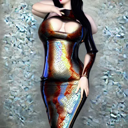 Image similar to curvy feminine hot goth cutie with elegant iridescent snakeskin leather dress, mosaic pattern, cgsociety, photorealistic, sublime ambience, idealistic, 16k, smooth, sharp focus, trending on ArtStation, volumetric lighting, fully clothed, worksafe