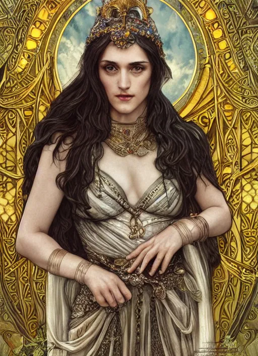 Prompt: Katie Mcgrath as a Roman Goddess, beautiful detailed eyes, cute, fantasy, intricate, elegant, highly detailed, digital painting, 4k, HDR, concept art, detailed jewellery, smooth, sharp focus, illustration, art by Artgerm, H R Giger and Alphonse Mucha, tarot card