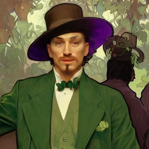 Prompt: man, Wearing green suit, Wearing green tophat, wearing purple undershirt, wearing shades, drinking tea by alphonse mucha, Adolfo Hohenstein, Alice Russell Glenny, Stanley Artgerm Lau, greg rutkowski, fantasy, D&D, trending on artstation, smooth, sharp focus