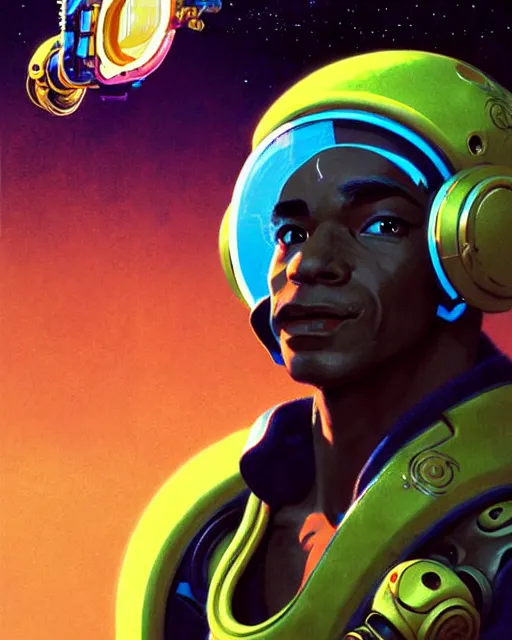 Prompt: lucio from overwatch, character portrait, portrait, close up, concept art, intricate details, highly detailed, vintage sci - fi poster, retro future, in the style of chris foss, rodger dean, moebius, michael whelan, and gustave dore