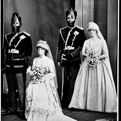 Prompt: Closeup intermediate shot, colored black and white, historical fantasy photographic image of a royal wedding of the groom who is waiting for his wife while appearing utterly afraid. An image from 1907 taken during the royal wedding's official wedding photographer's golden hour displays warming lighting. cinema, hyper realistic, ultra realistic, photorealistic, facial actuary.