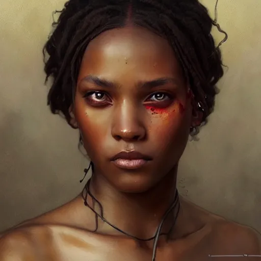 Image similar to portrait painting of beautiful bloodied black girl, ultra realistic, concept art, intricate details, eerie, highly detailed, photorealistic, octane render, 8 k, unreal engine. art by artgerm and greg rutkowski and alphonse mucha