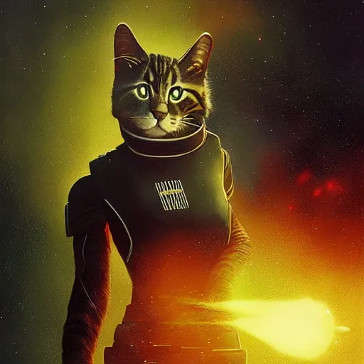 Prompt: UHD photorealistic Feline-Humanoid Starfleet Officer firing a phaser at the borg in the style of tonalism by Greg Rutkowski