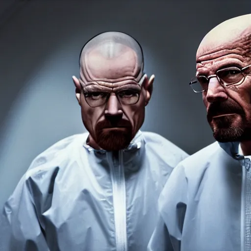 Prompt: obama and walter white wearing hazmat suits, hood off, film still of breaking bad, film grain, insanely detailed faces, realistic faces, photorealistic, 4k