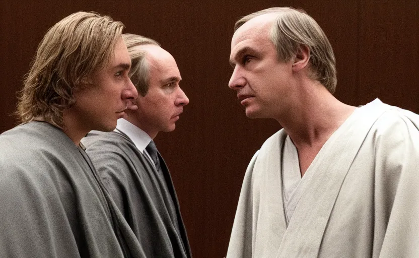 Prompt: anakin skywalker in jedi robes talking to saul goodman in a suit in court, us court, better call saul scene 1 0 8 0 p, court session images, realistic faces