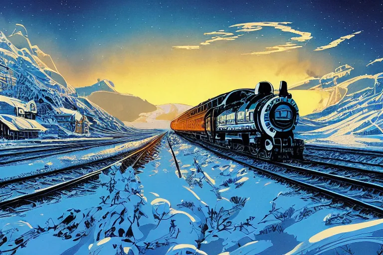 Image similar to trans - siberian express train illustration by joe fenton and syd mead and p. craig russell and barry windsor - smith, artstation, 4 k, graphic novel, concept art, matte painting, beautiful russian winter landscape sunset background, golden hour, art nouveau