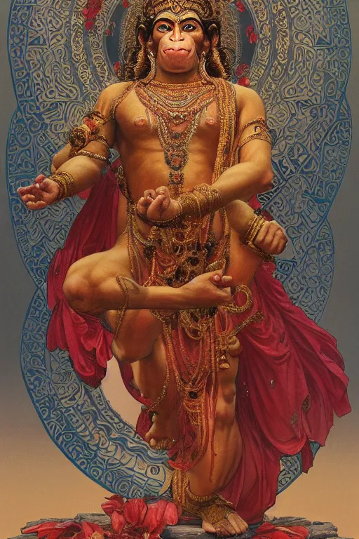 Image similar to a full body portrait of a beautiful ornated hanuman god, leaping pose, hindu stages of meditation, intricate, elegant, highly detailed, digital painting, artstation, concept art, smooth, sharp focus, line art illustration for tattoo, art by krenz cushart and artem demura and alphonse mucha