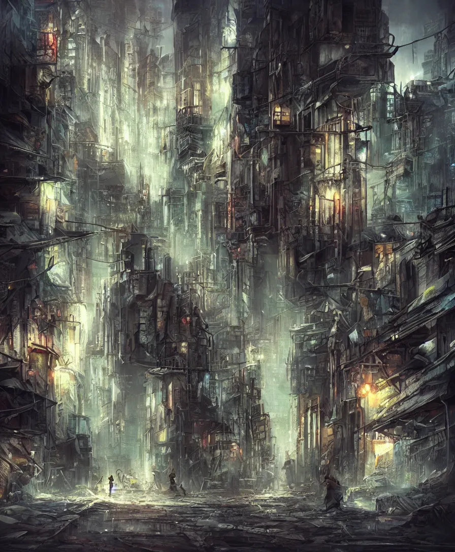 Image similar to concept art matte painting pastels cinematic epic breathtaking urban decay grunge city street