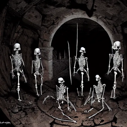 Image similar to 5 living undead skeletons emerging from a pile of brown shit and dirt in the bottom of a very dark well. swords in their hands. circular room. stone walls. bright runic symbols in wooden doors. wide angle. trending on artstation, craig mullins, gopro lens.