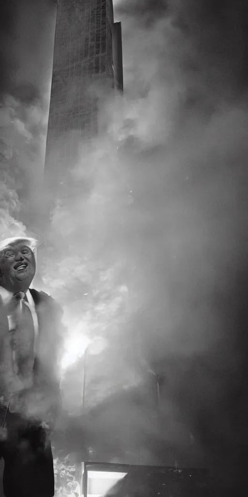 Prompt: a beautiful photo of donald trump in his underwear, being unfazed by the fact that the trump tower is burning, intricate details, photography, volumetric light, 8 k