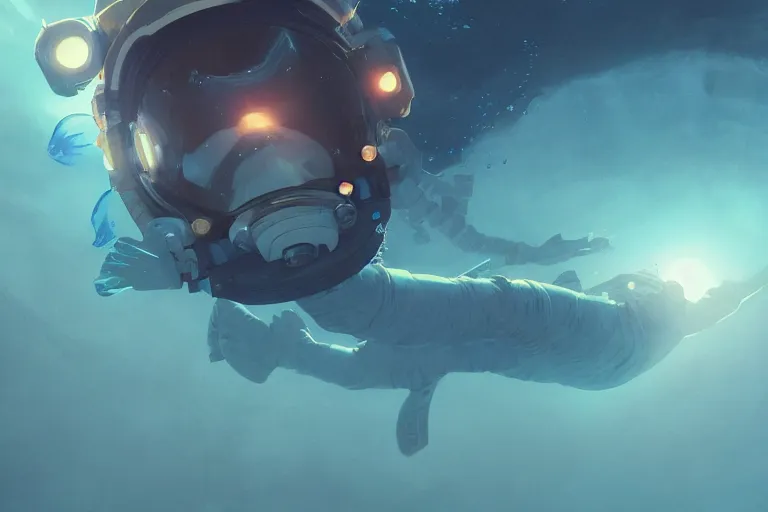 Image similar to astronaut underwater in the ocean at night, volumetric lighting, glowing lights, 4k, octane, digital painting, artstation, concept art, sharp focus, illustration, art by artgerm and greg rutkowski and alphonse mucha