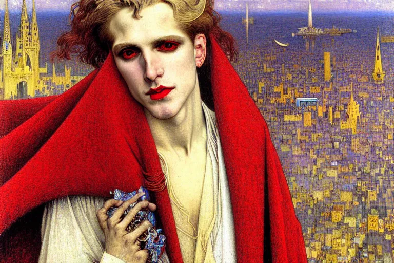 Image similar to realistic extremely detailed closeup portrait painting of an elegant blond male vampire in a cape, detailed crowded city street on background by Jean Delville, Amano, Yves Tanguy, Ilya Repin, Alphonse Mucha, William Holman Hunt, Ernst Haeckel, Edward Robert Hughes, Roger Dean, rich moody colours